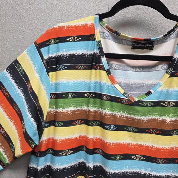 Southern Charm Shirt Womens 2XL Multicolor V Neck Tunic Aztec Stripe 3/4 Sleeve - Picture 2 of 10